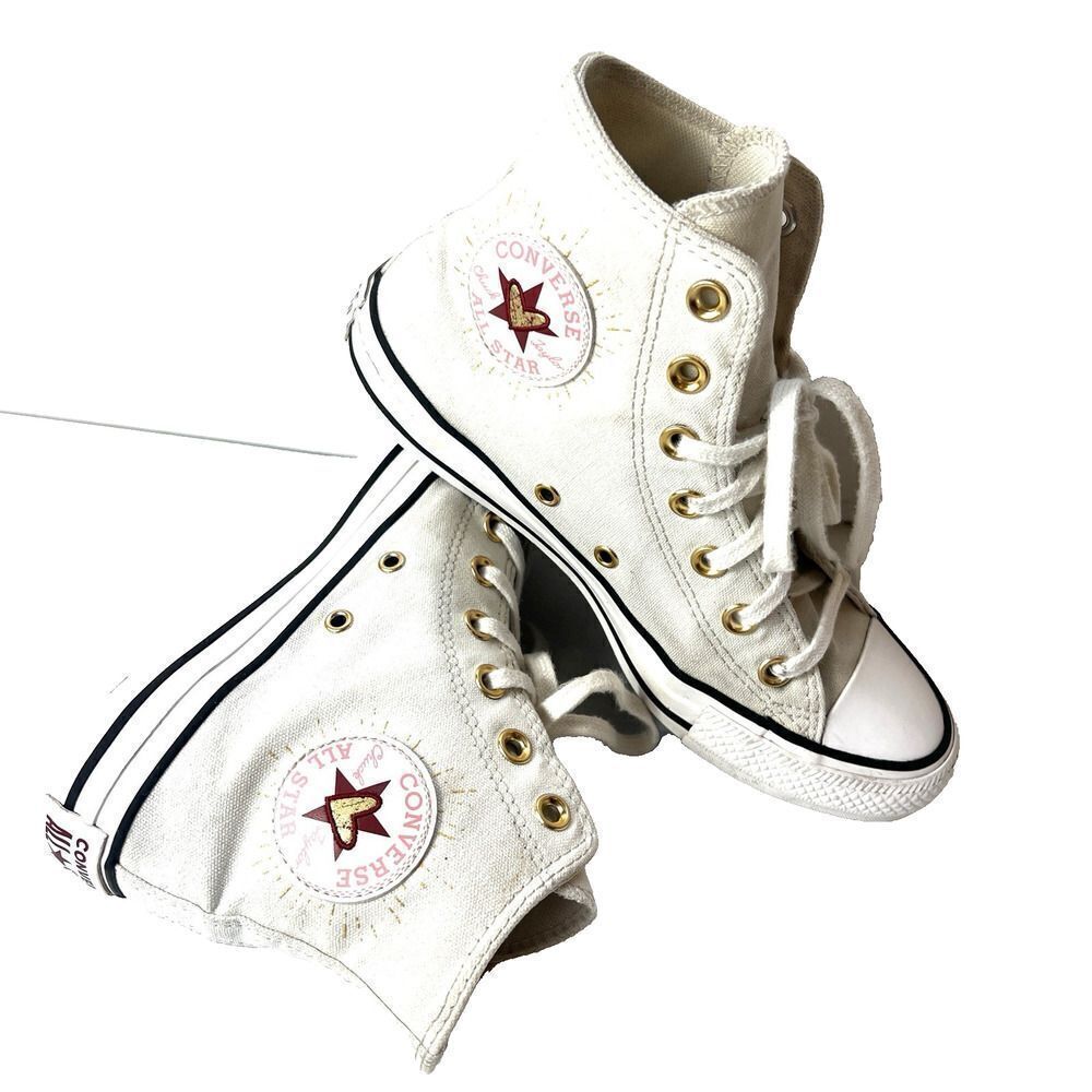 Converse All Star Hi-Top Ivory Canvas Sneaker Women's 7 Lace Up Shoes Gold Heart